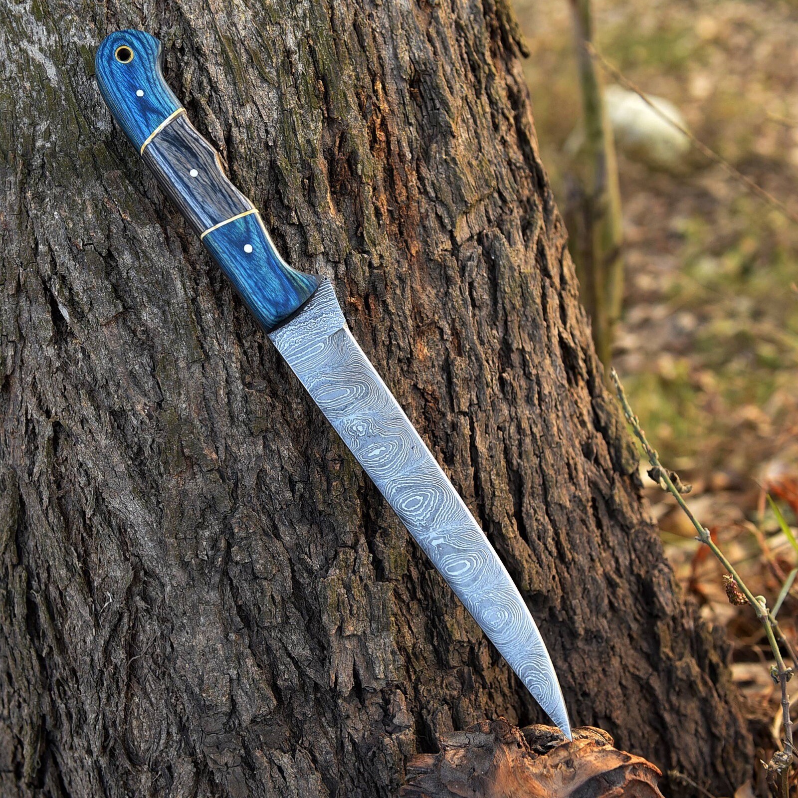Damascus Fish Fillet Kitchen Knife 12” Damascus Steel Blade Blue Wood Handle