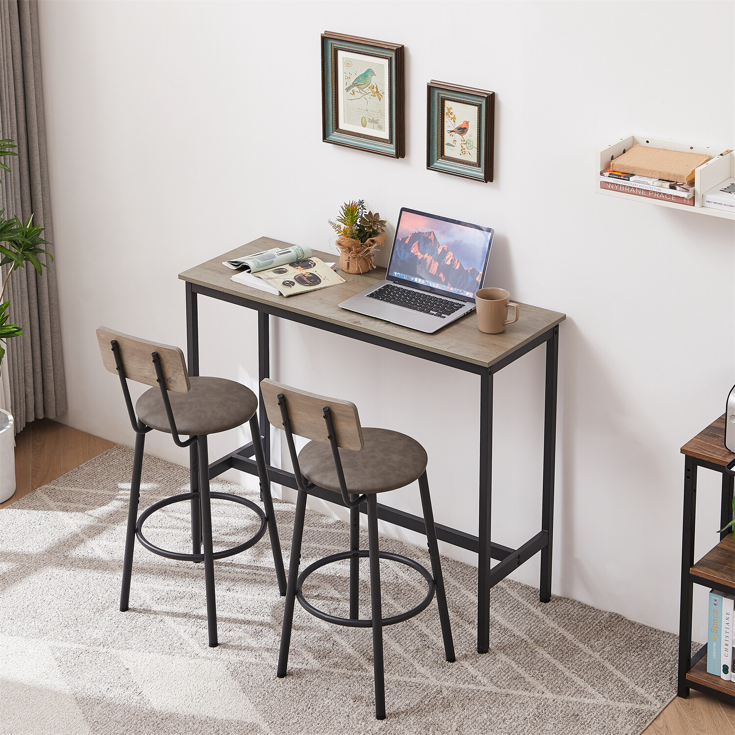 3 Piece Bar Table Set Counter Height Kitchen Pub Table w/ 2 Bar Stool Grey