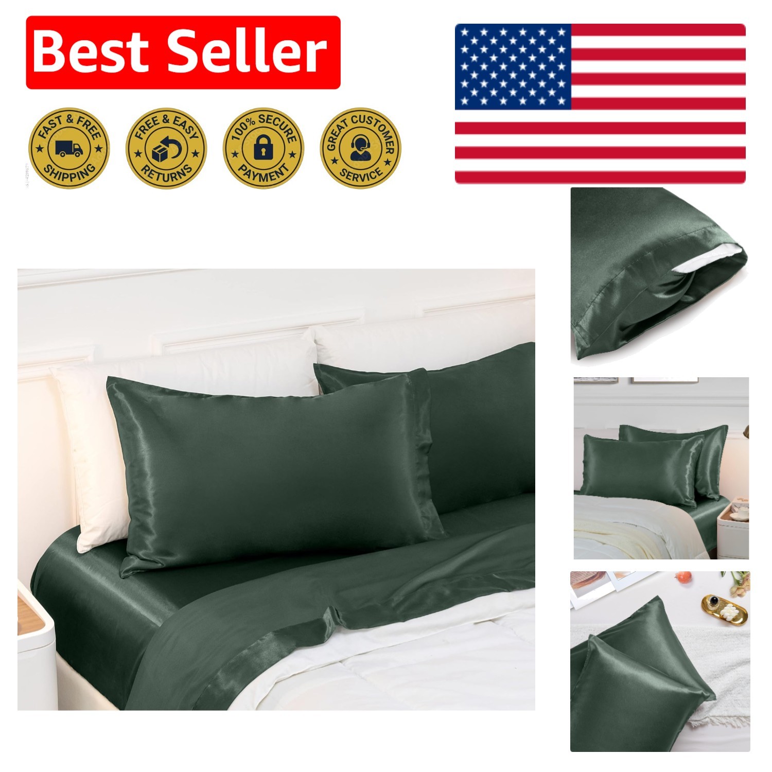 Elegant Forest Green Satin Pillowcases - 2 Pack Queen Size for Comfort & Style