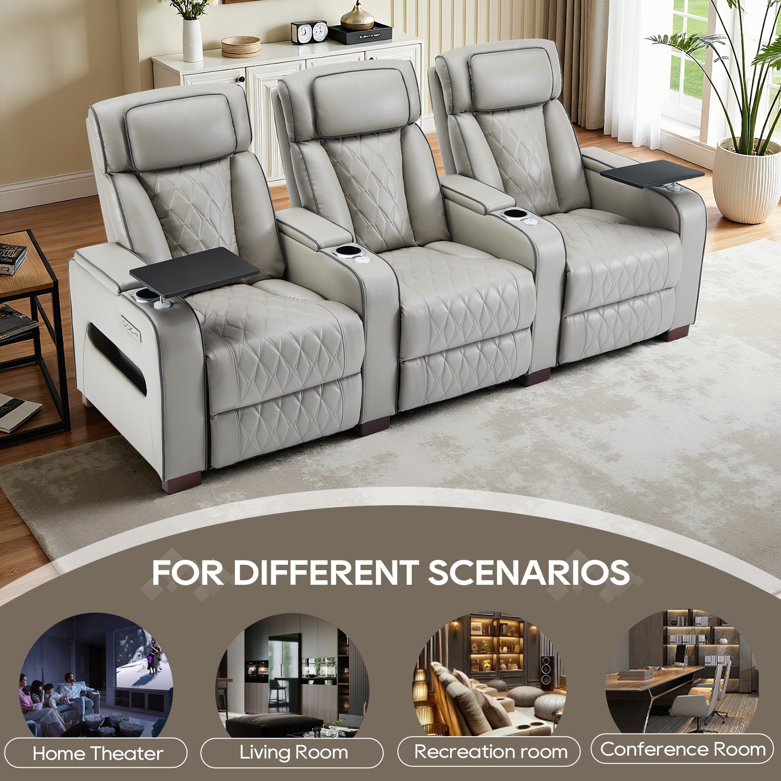 Home Theater Seating Power Recline Sofa With Powered Headrests, Table