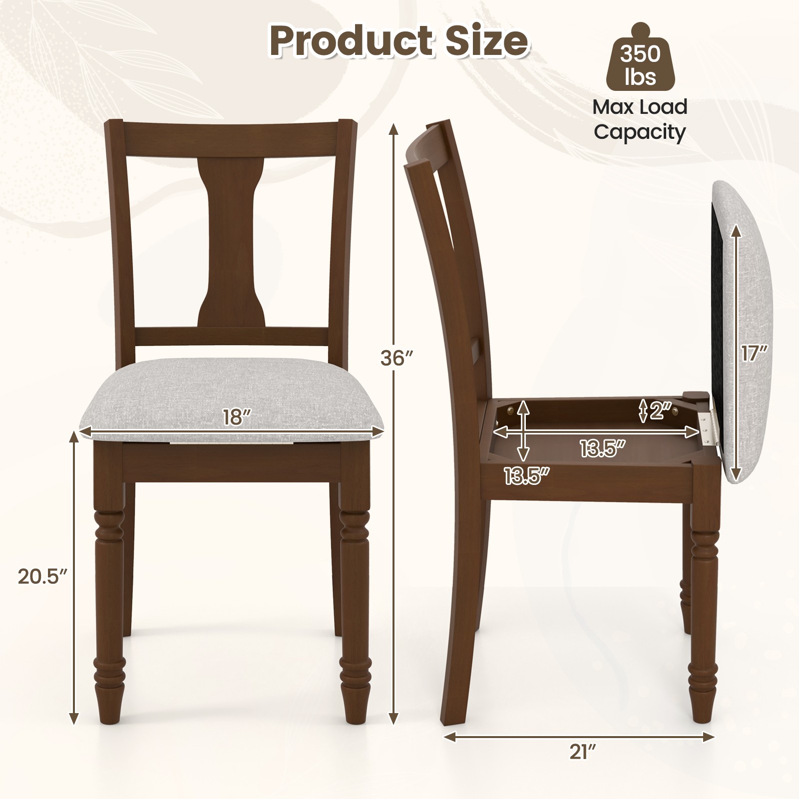 2 PCS Wood Chair Antique Upholstered Chair w/ Storage Space Brown & Light Gray