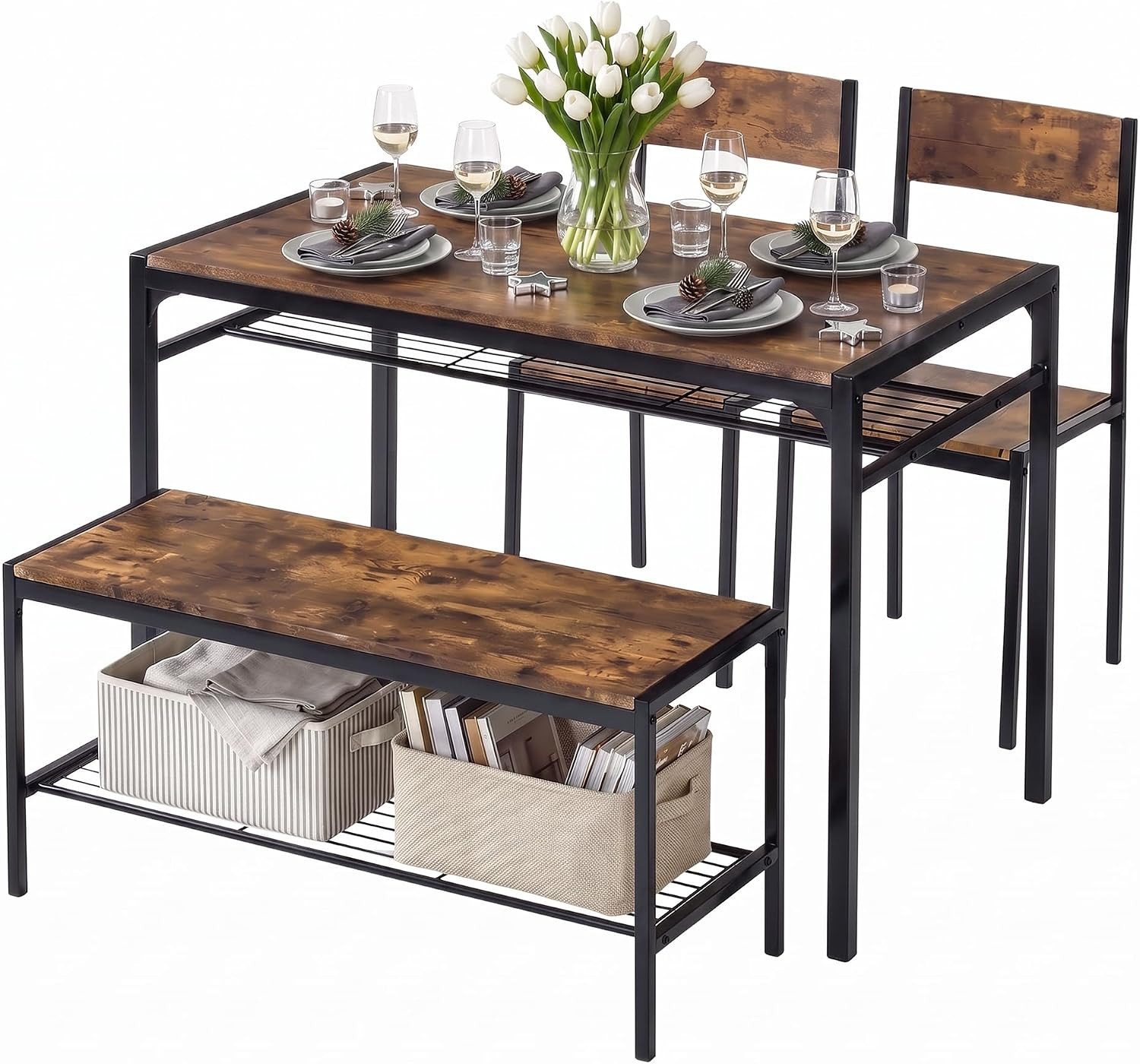 Kitchen Dining Room Table with 2 Chairs & Bench, Compact Space-Saving Design, Ea