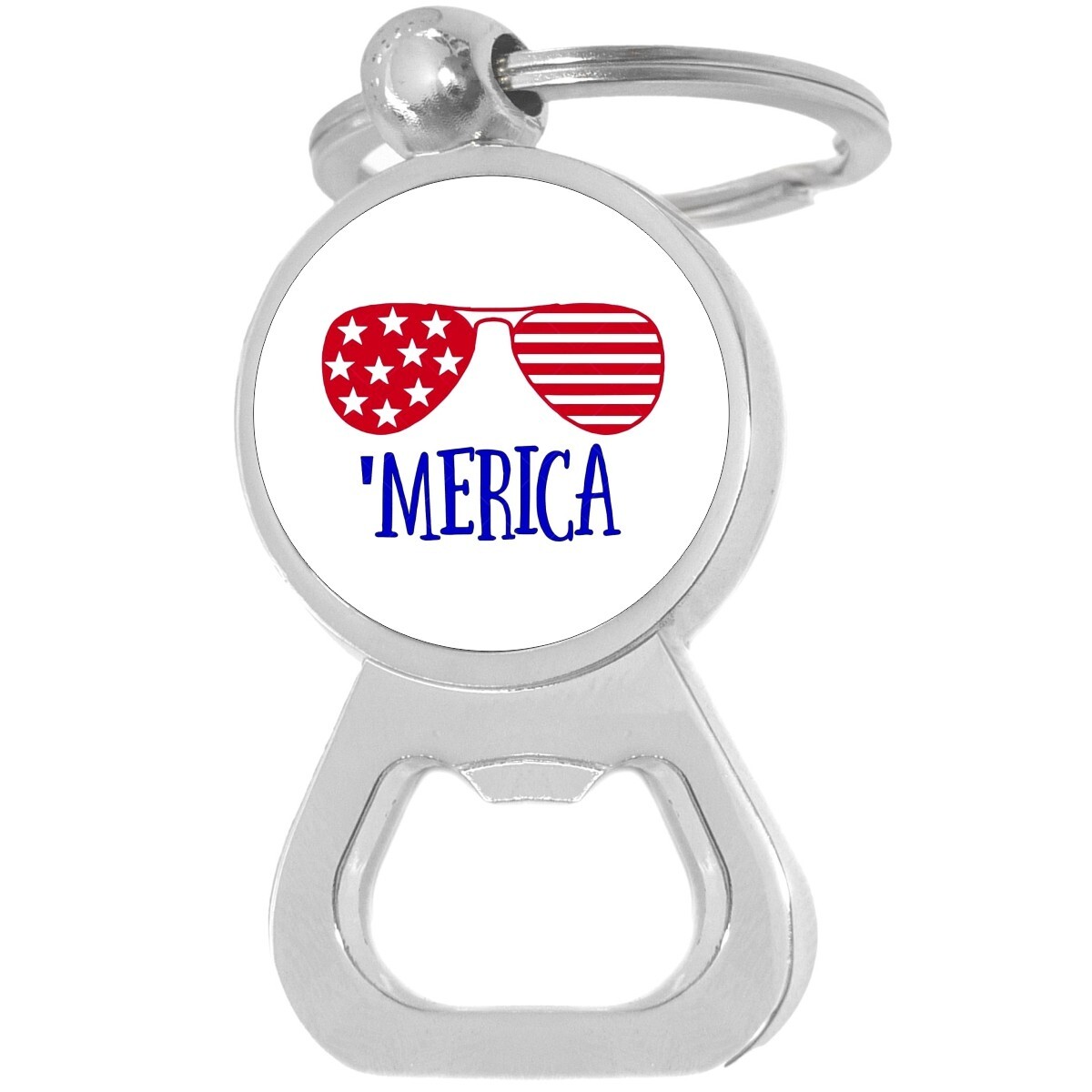Merica Red White Blue Bottle Opener Keychain - Metal Beer Bar Tool Key Ring