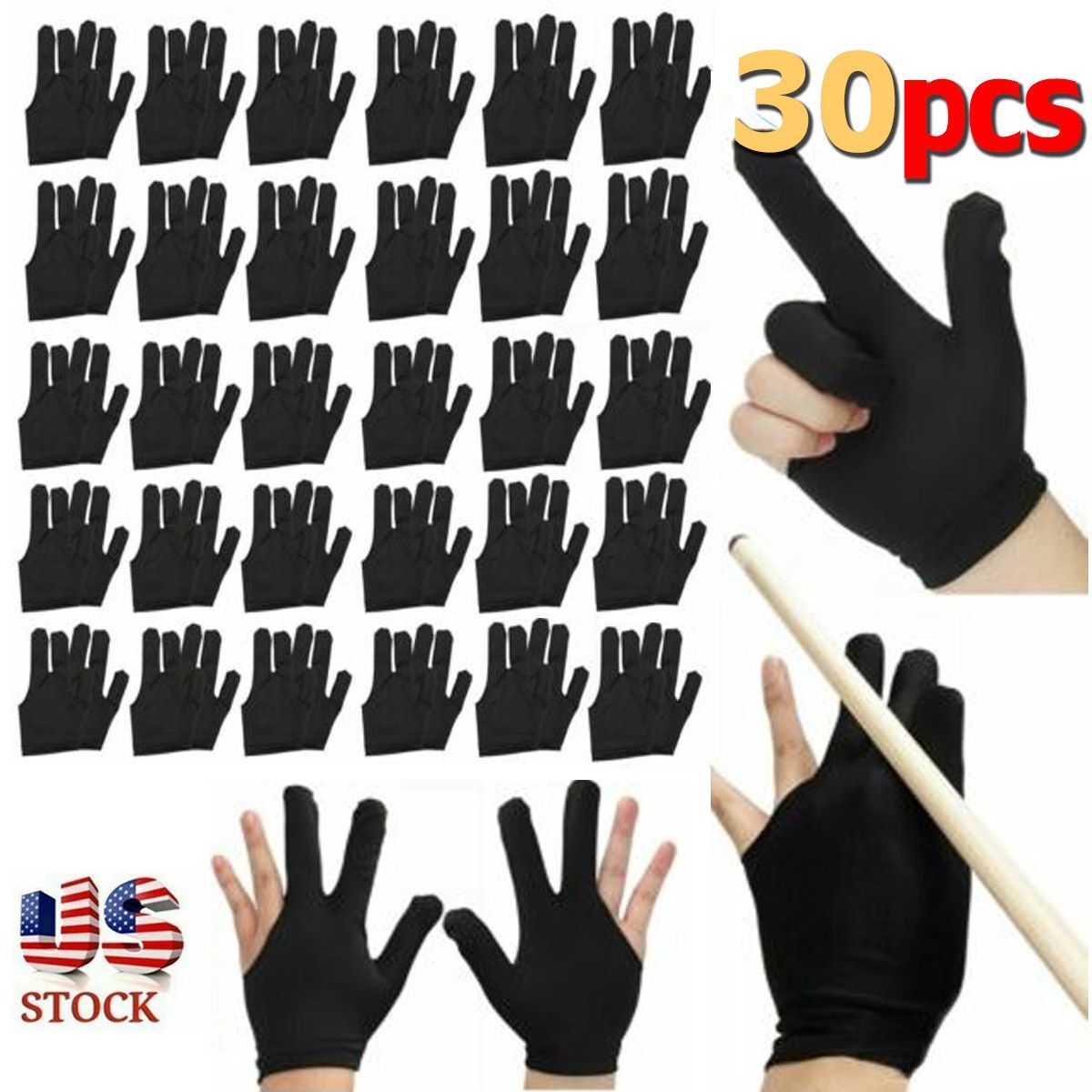 30PCS 3 Fingers Billiard Cue Pool Gloves Snooker Left Hand Nylon Accessories US