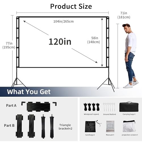 Projector Screen and Stand, 120 inch Foldable and Portable Projection Screen