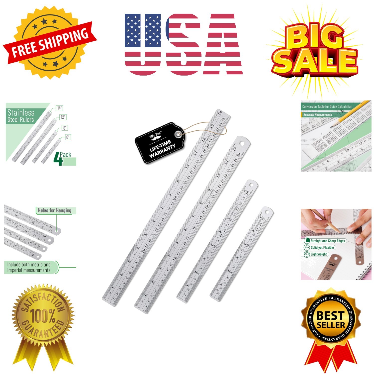 Steel Rulers, 6, 8, 12, 14 inch Metal Rulers, Pack of 4