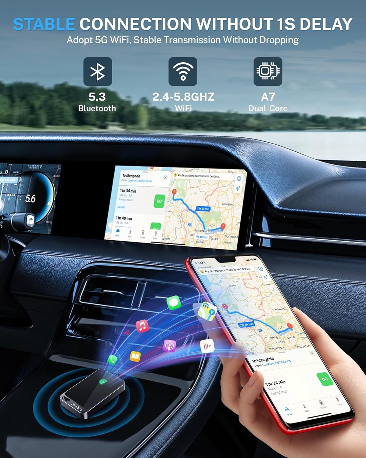 Jemluse Wireless CarPlay Adapter for Apple iPhone - Multi-User Seamless
