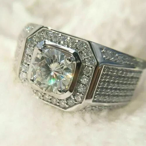 Lab-Created 2.10Ct Round White Diamond Men's Engagement Ring 925 Sterling Silver