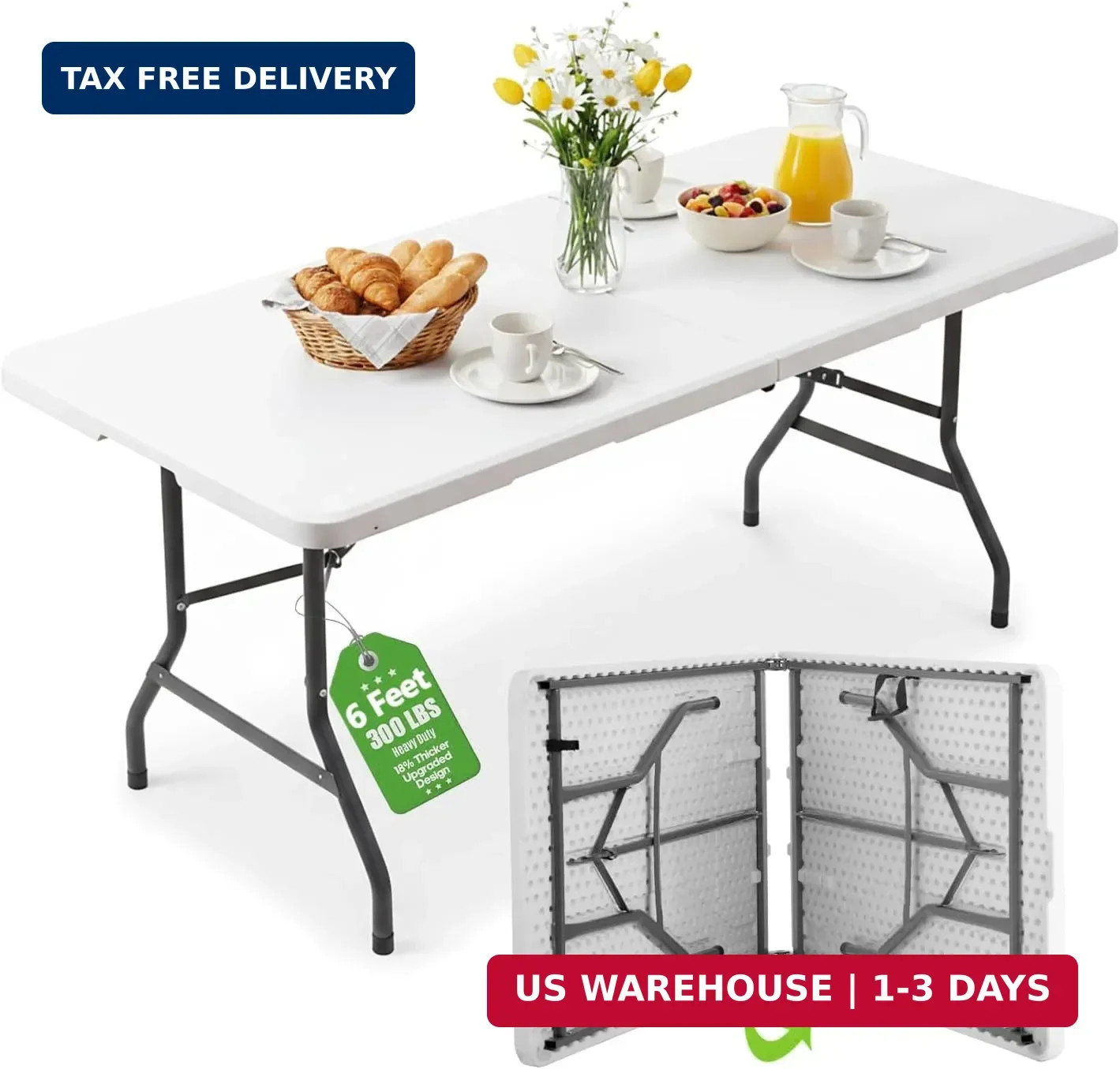 6ft Table Large Folding Table White Folding Table with Portable Carrying Handle