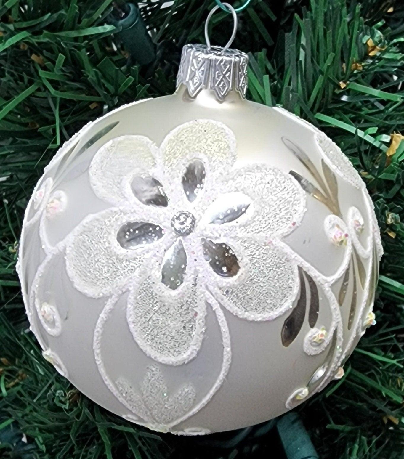 Silver Blown Glass Ornament - Handcrafted - Flower Design