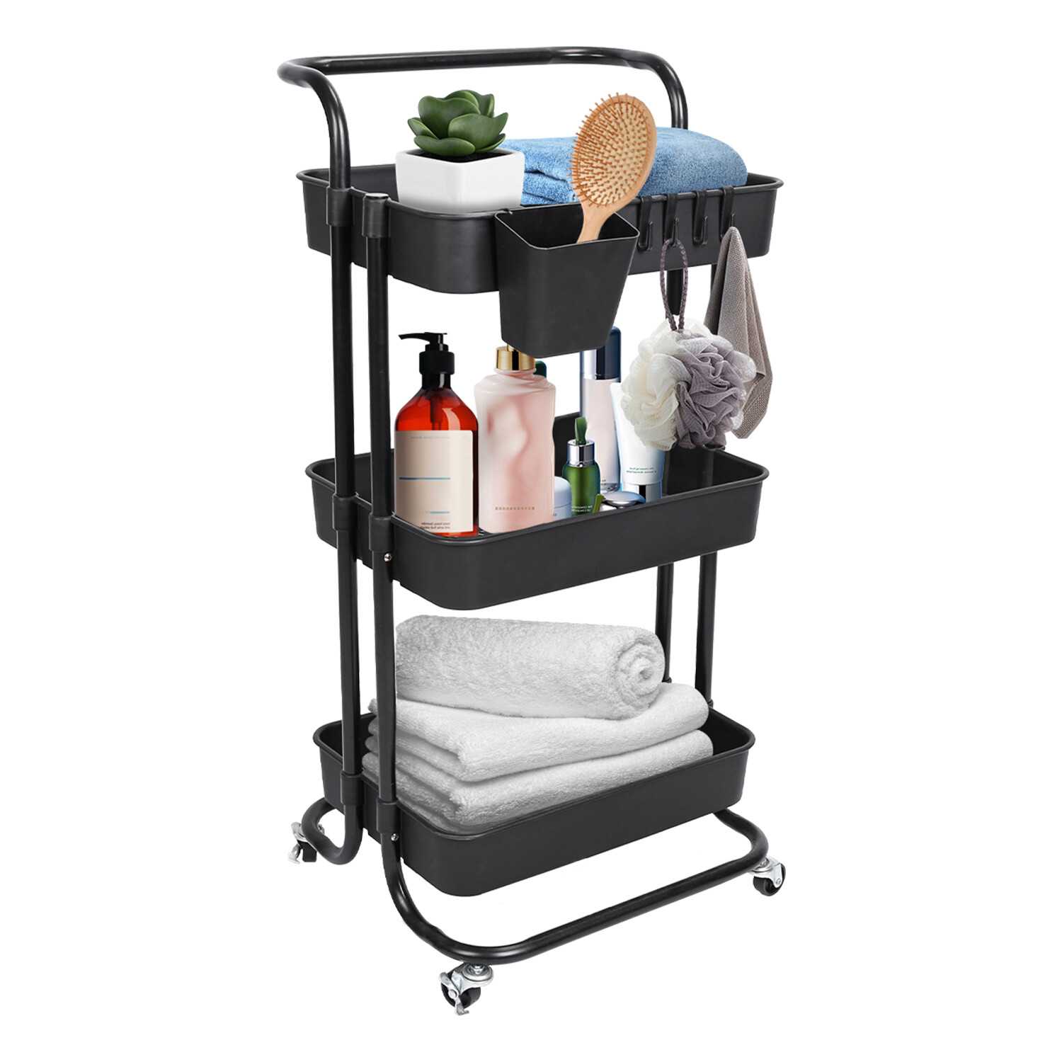 3 Tier Rolling Utility Cart Movable Storage Organizer w/ Baskets Lockable Wheels