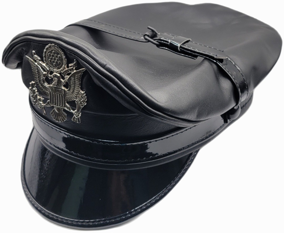 Genuine Black Leather Army Muir Biker Peaked Police Bluf Cap Hat Silver Eagle