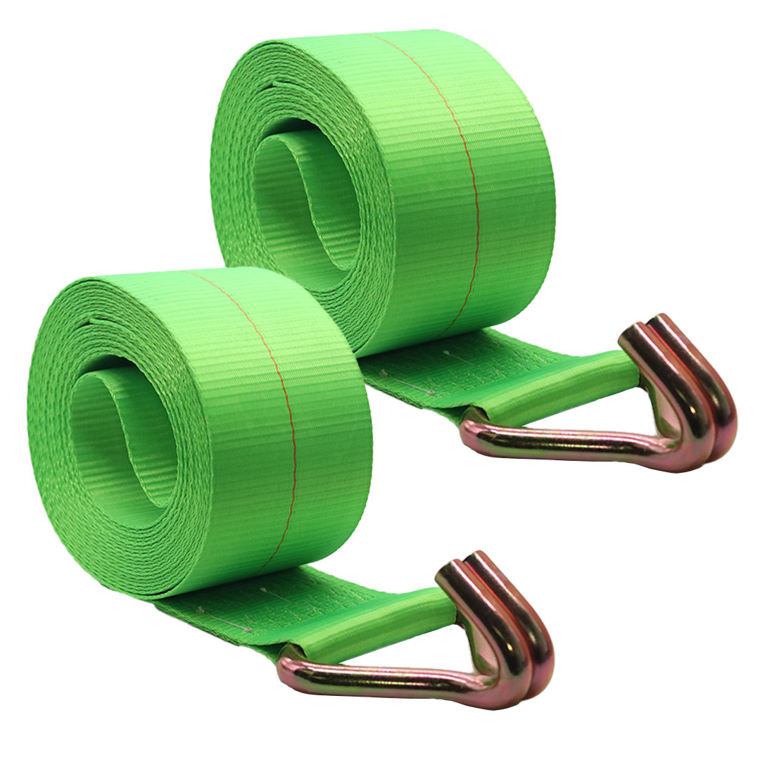Winch Strap 4" x 30' w/ Twin J Hooks 16,200lbs Heavy Duty Cargo 2 Pack - Green
