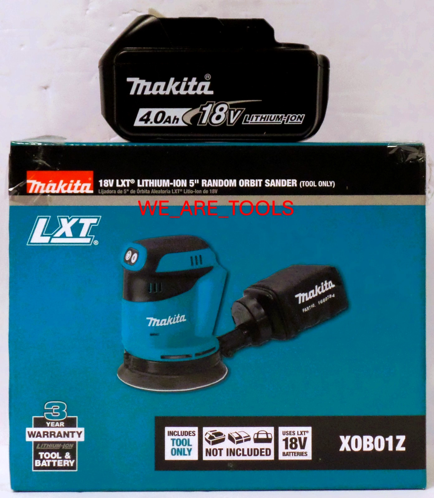 NEW Makita XOB01Z 18 Volt 5" Cordless Orbital Sander, 1) BL1840B 4.0 Ah Battery