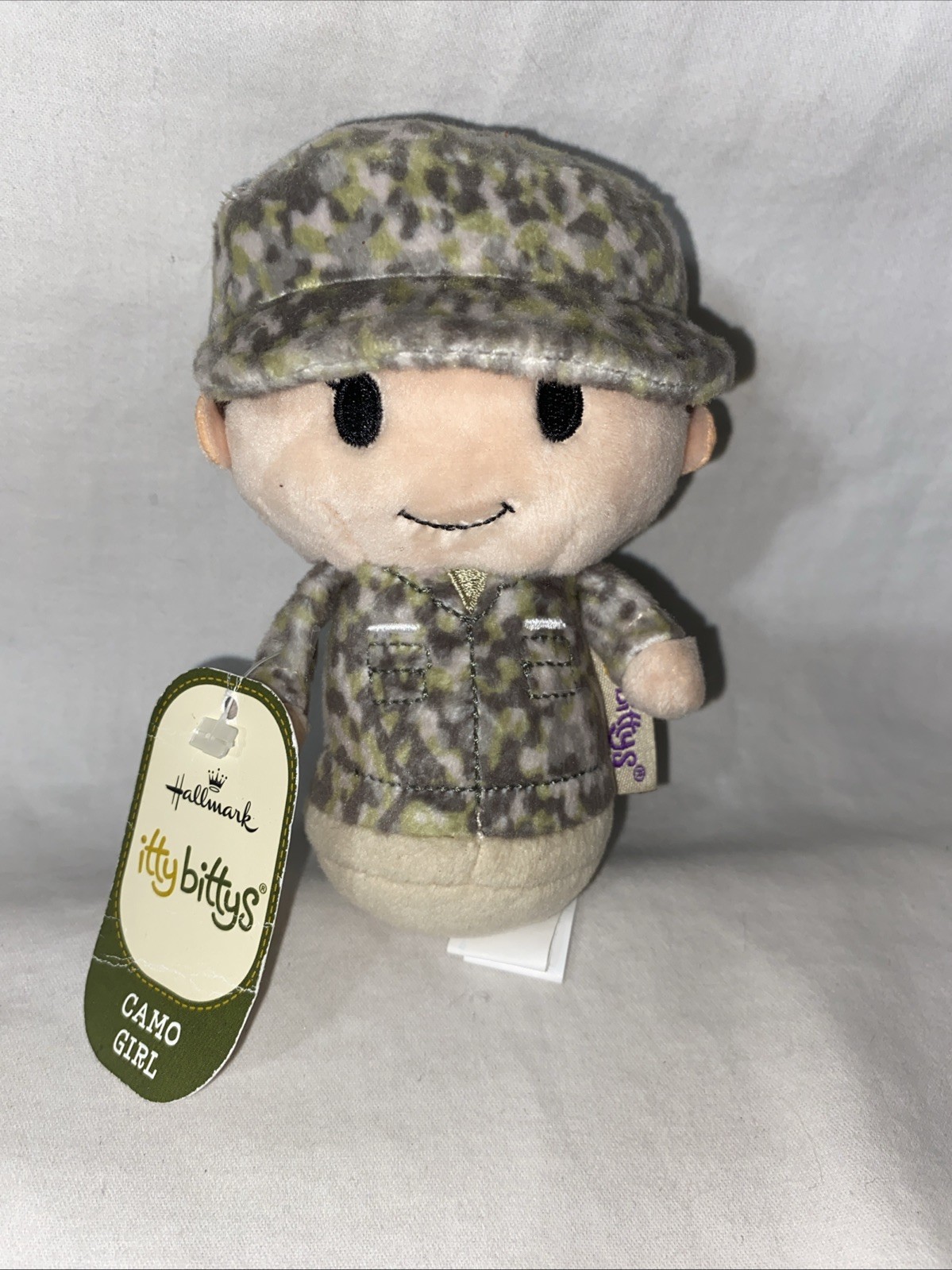 Itty Bittys White Woman In Green Camo Plush Brunette Hair with Tags by Hallmark