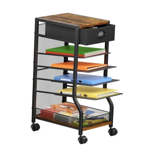 6-Tier Rolling File Cart with Drawer, Under Desk Storage Upgrade-with Drawer