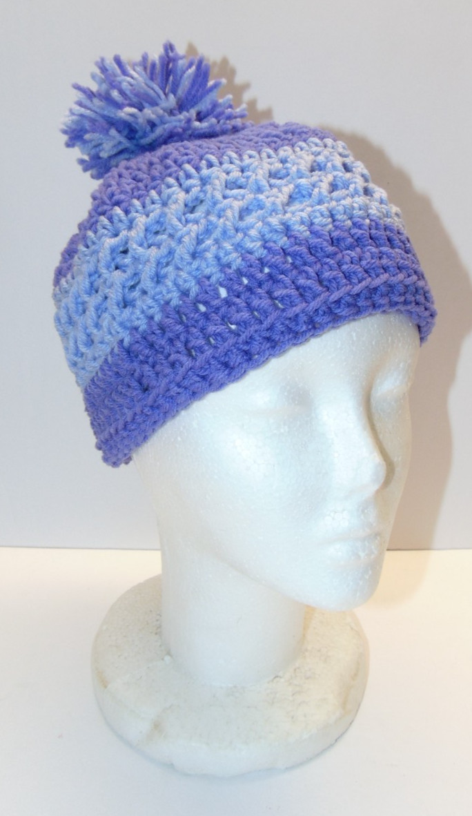 New Hand Crochet Hat with Pop-Pom Shades of Purple Child Size Beenie