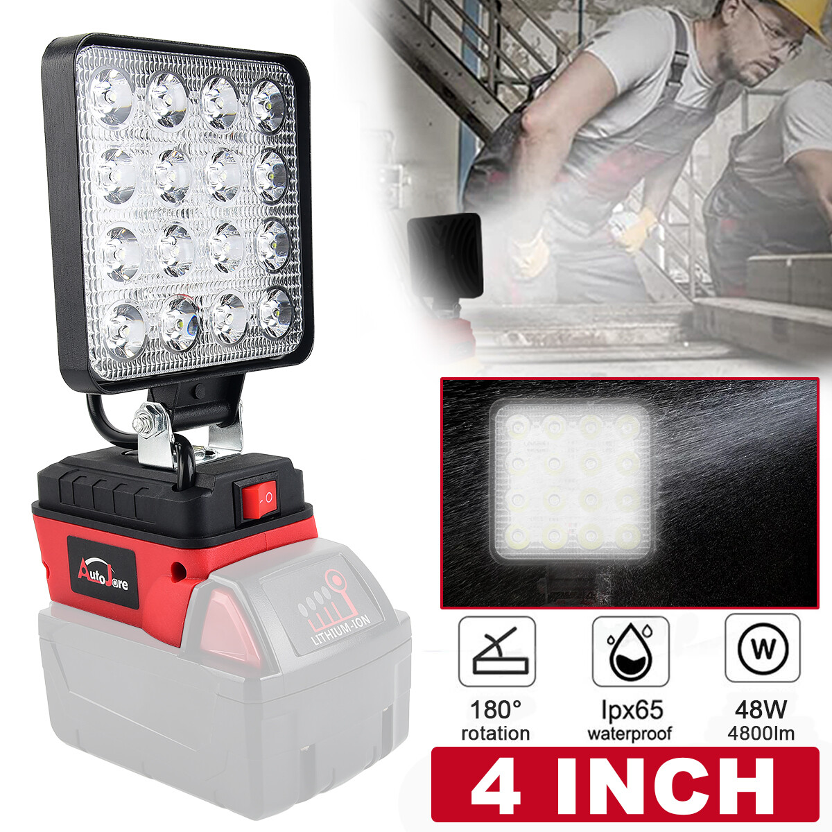 90W 9000LM Cordless LED Flashlight Work Light for Milwaukee M18 18V Battery
