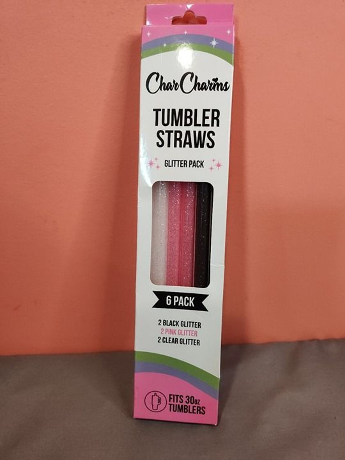 CharCharms Tumbler Straws 6 Pack Glitter Black Pink Clear