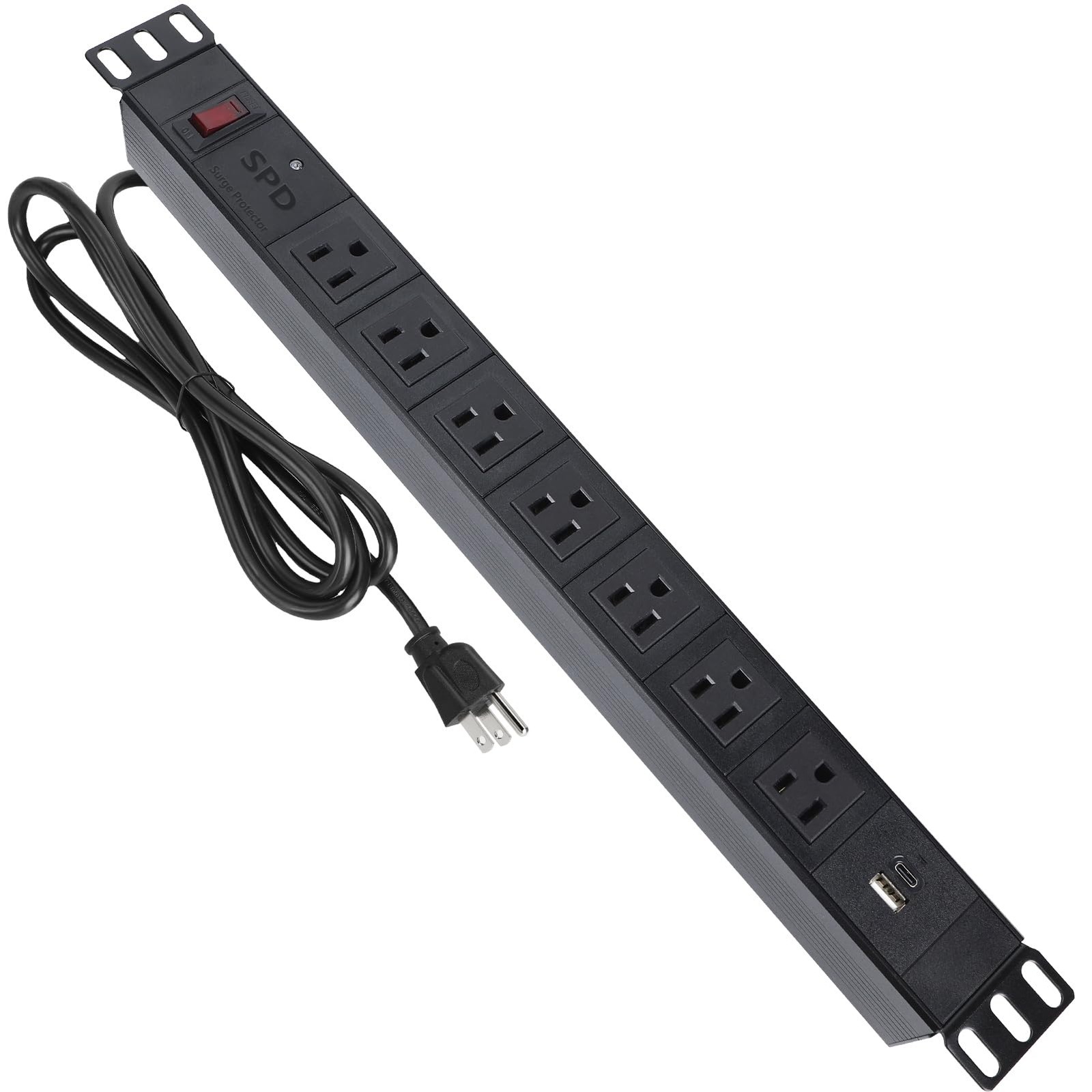 ElecVoztile Rack Mount Power Strip Surge Protector, 7 Outlet and 2 Black