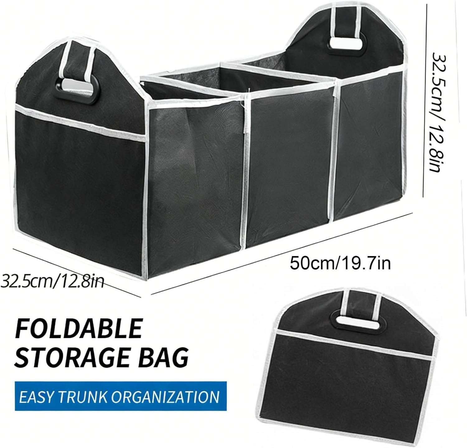 Car Trunk Organizer, Large Storage Bag with 3 Compartments, Portable Collapsible