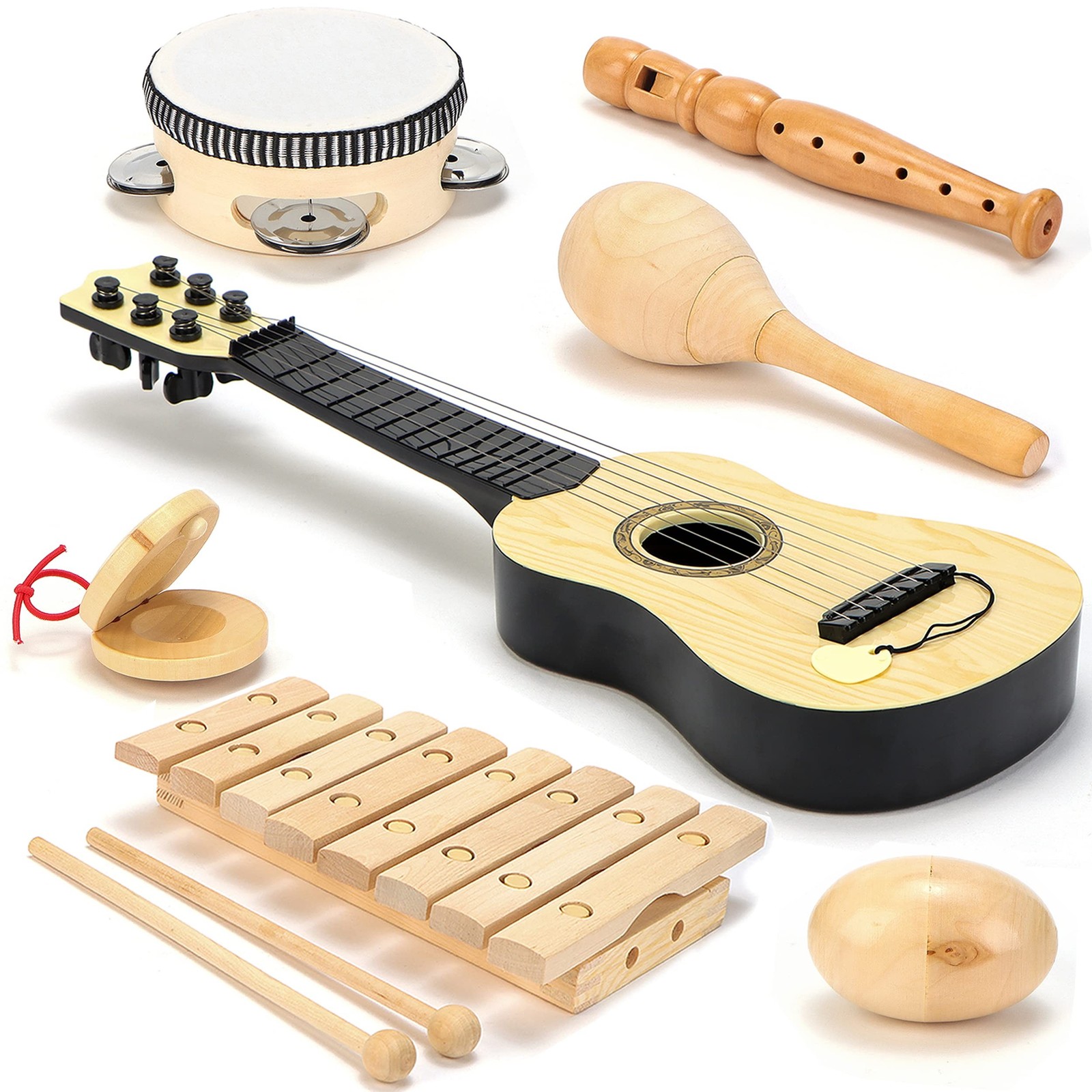 Wooden Musical Instruments for Toddlers – 7-Piece Kids Music Set with Xylo