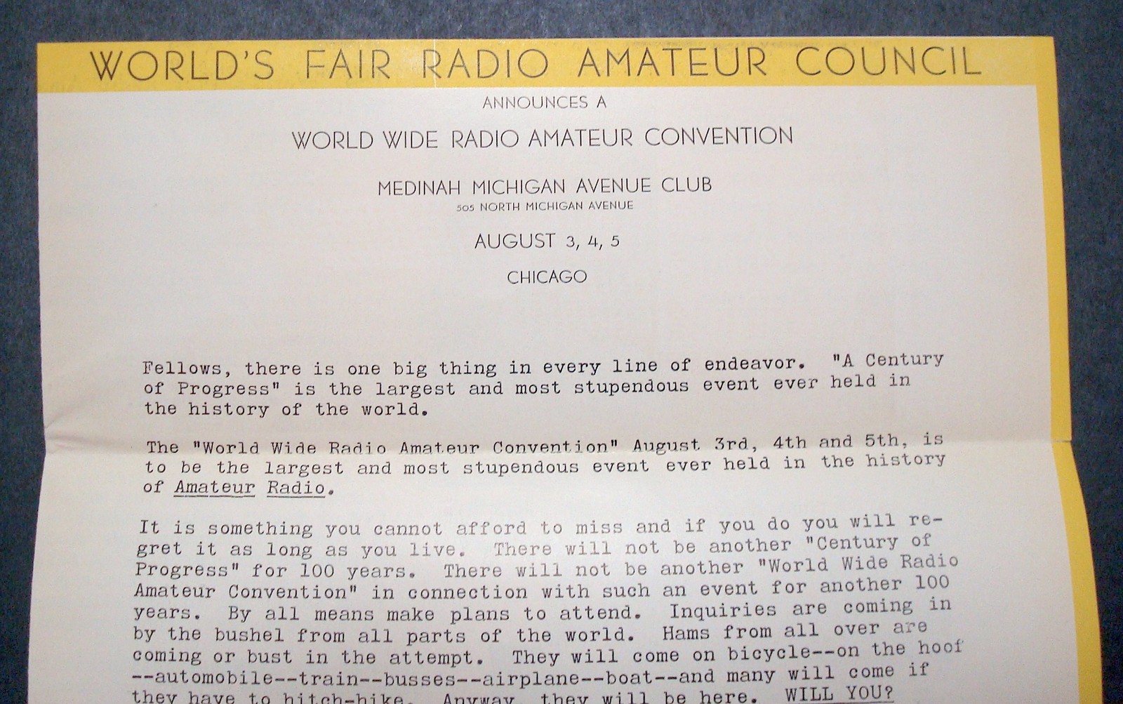 Rare 1933 Adv WORLDS FAIR AMATEUR RADIO COUNCIL, CANDLER SYSTEM Telegraph-ham