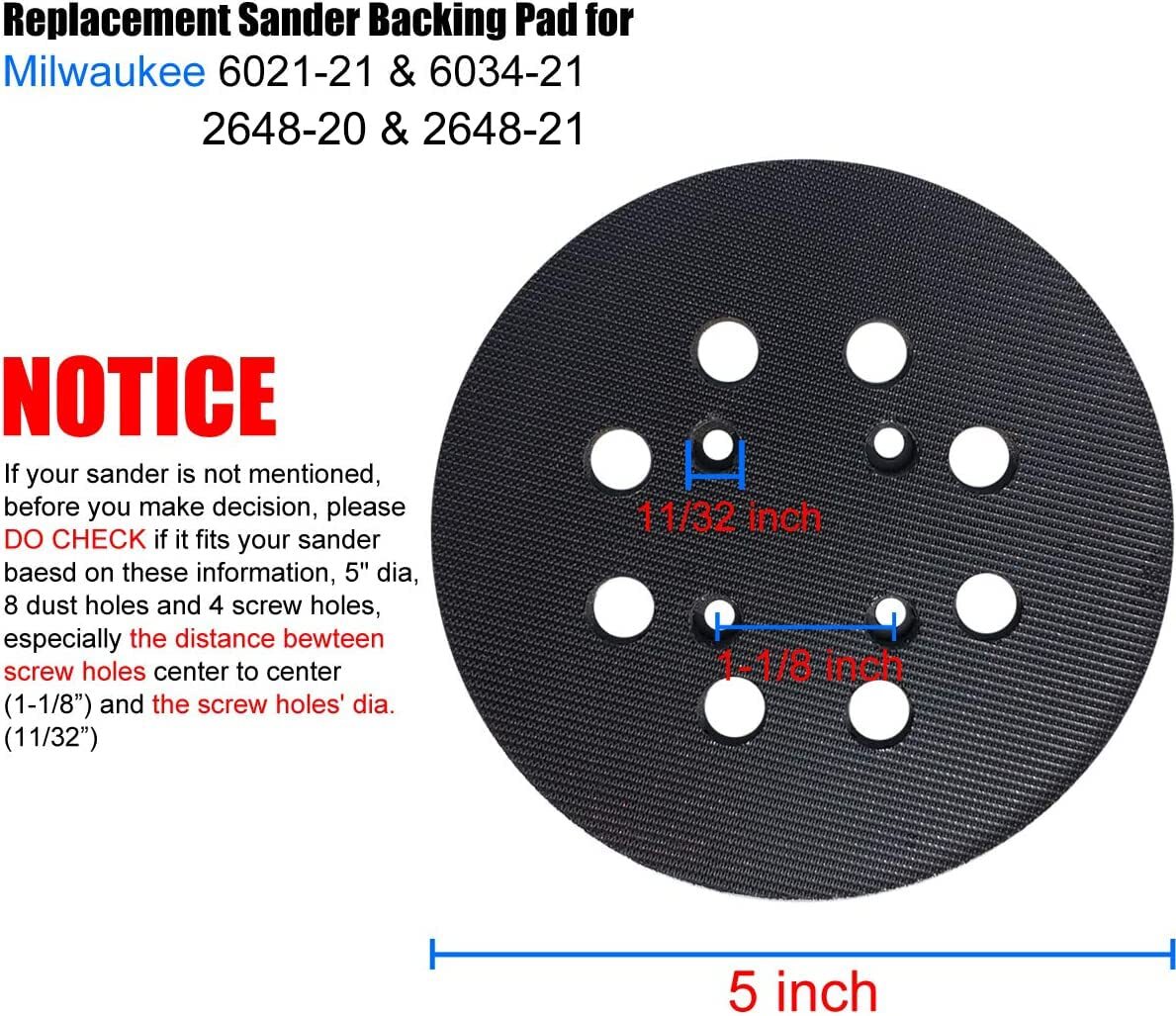 5 Inch 8 Hole Hook and Loop Replacement Sander Pad for Ridgid R2600 R2601 Random