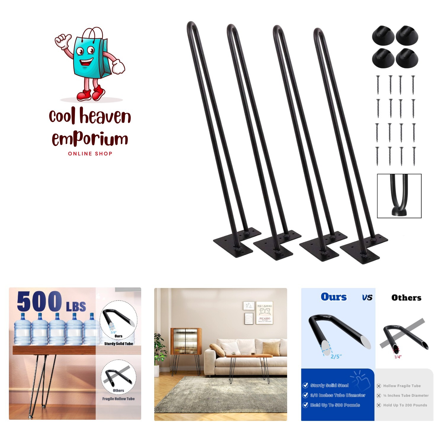 22 Inch Hairpin Legs, Heavy Duty Black Metal Furniture Table Legs, Set of 4