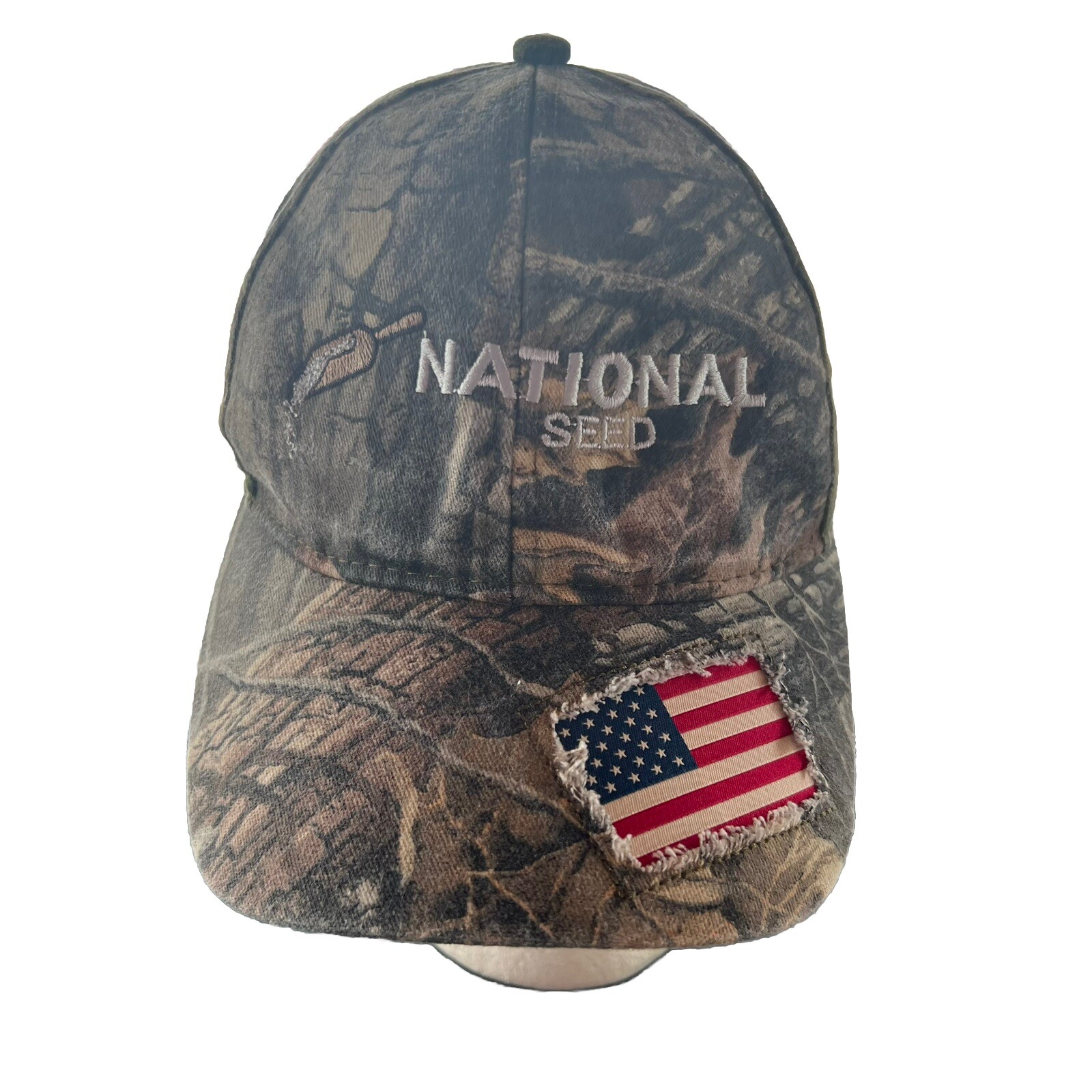 National Seed w ScoopCamouflage Hat Cap w American Flag Patch on Bill Hook Loop