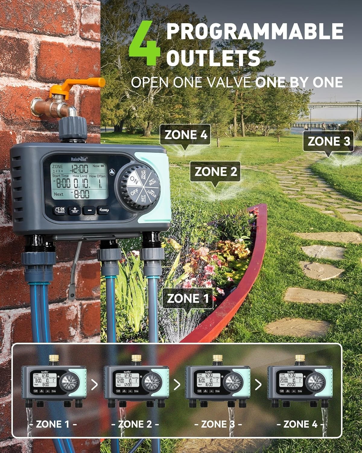 RAINPOINT Sprinkler Timer, 4 Outlets Hose Timer, 4 Zone Water Timer for Watering