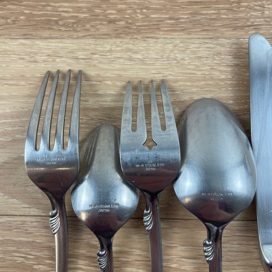 50 Plus 18-8 Stainless Japan Flatware Set Scroll Pattern Knives Forks Spoons