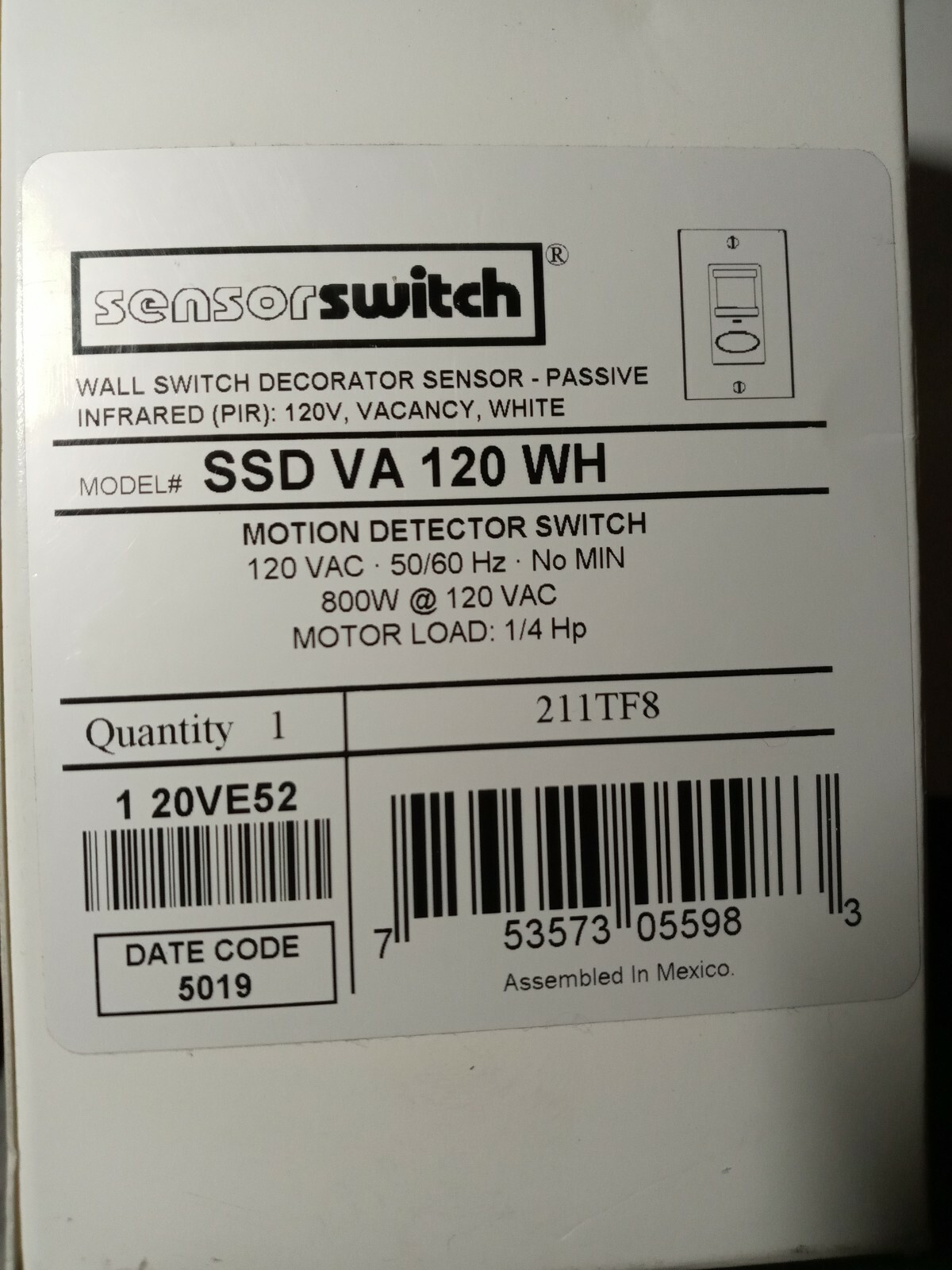 Decorator Vacancy Motion Sensing Self-Contained Relay Wall Switch, White