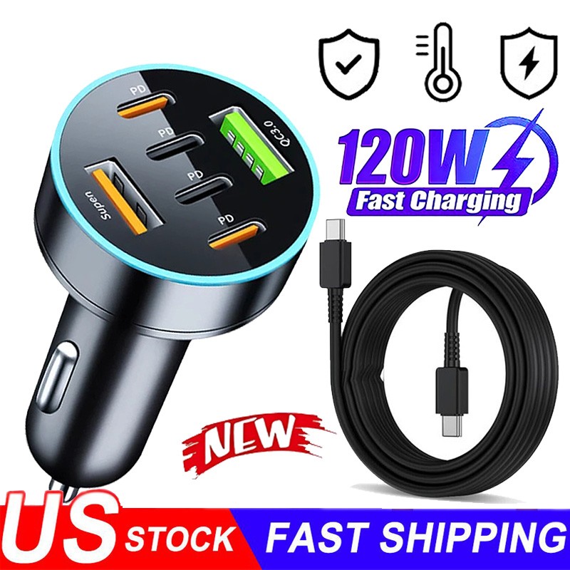120W Fast Car Charger 6 Port Adapter & Cable For iPhone 17e 16e 15 Pro Max 14 13