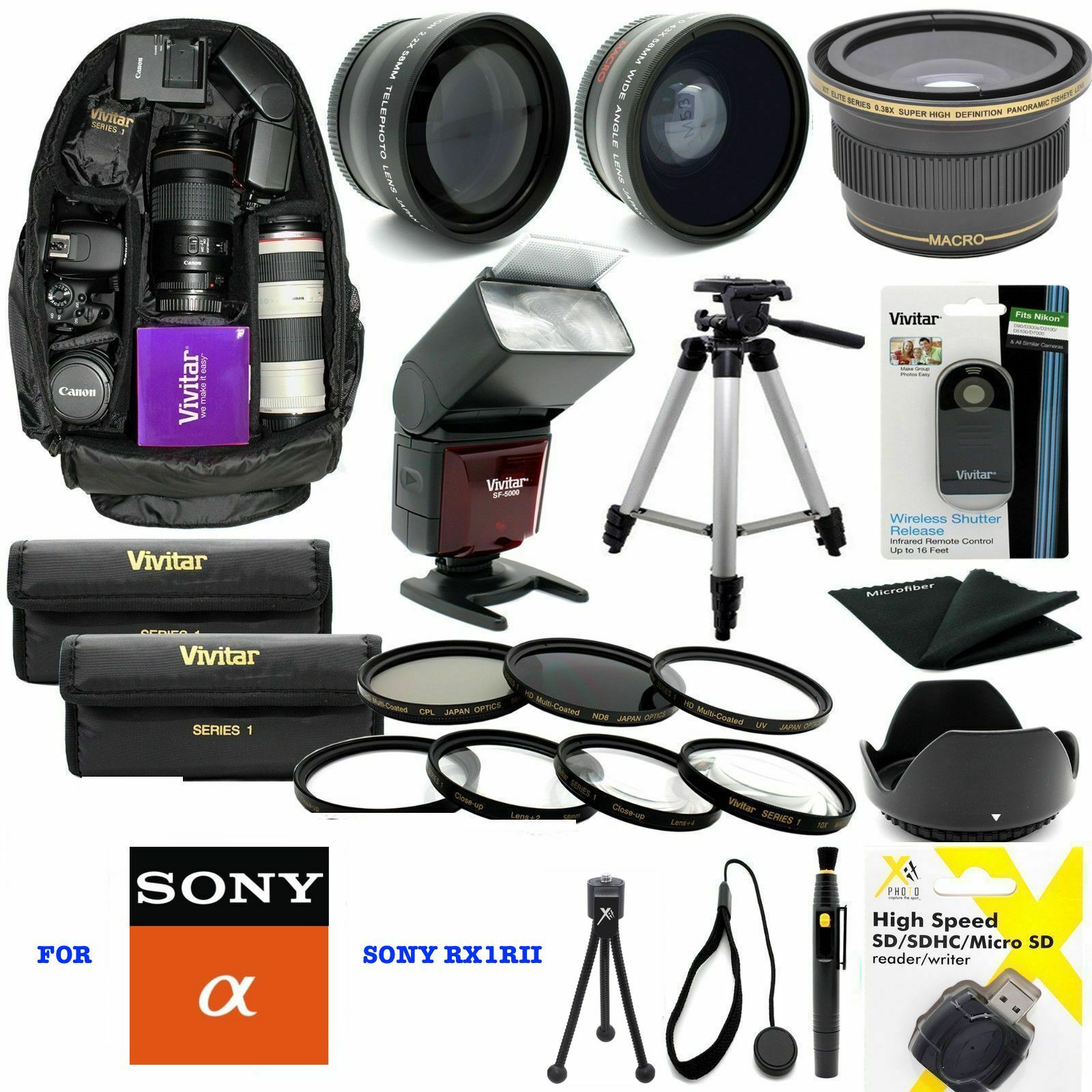 Sony Cyber-shot DSC-RX1R II FULL  ACCESSORIES KIT LENSES TRIPOD BACKPACK FLASH