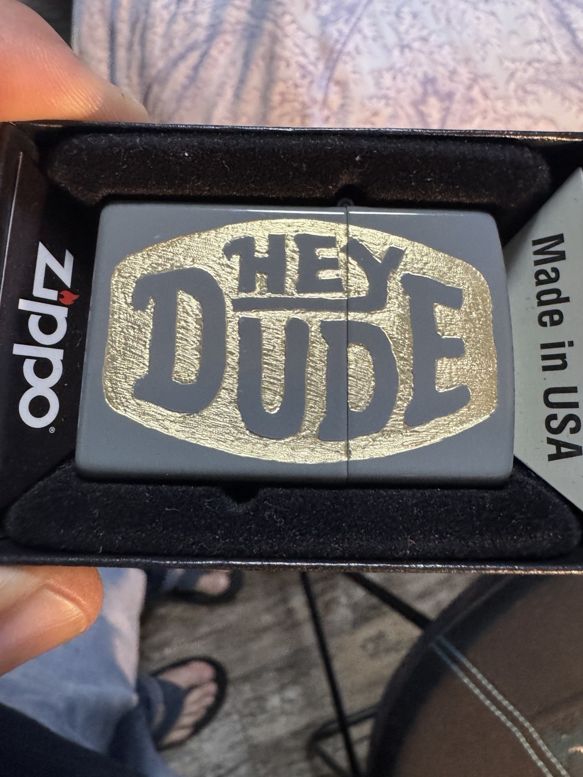 1-HEY DUDE Logo On A Grey Zippo Lighter