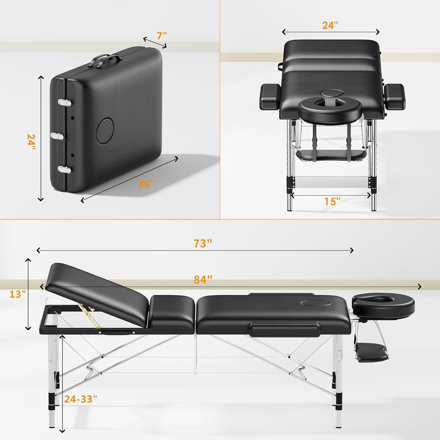 Portable Massage Table 3 Sections Reclining Bed Lash Spa Salon Bed w/Bag