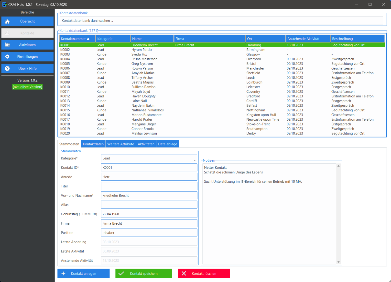Programm zur Kontaktverwaltung und Aktivitätenplanung CRM Software - kein Excel
