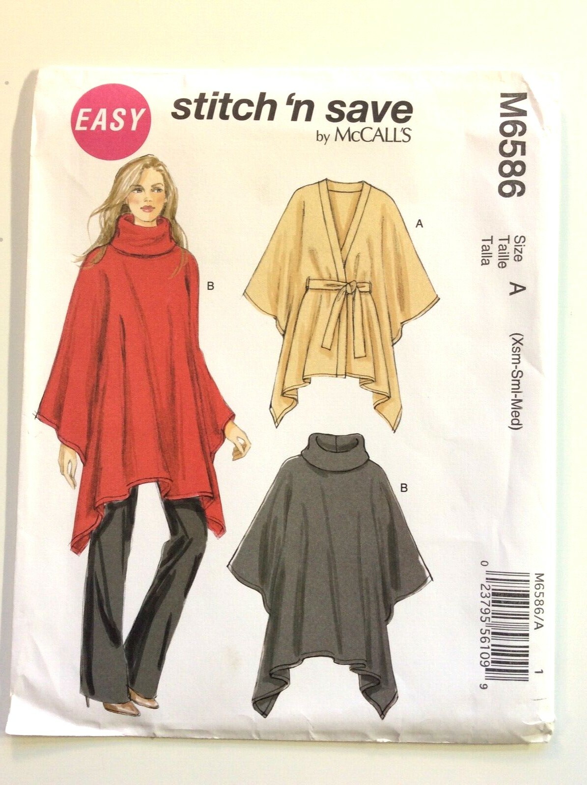 McCall's M6586  Misses' Ponchos     Size A  (Xsm-Sml-Med)