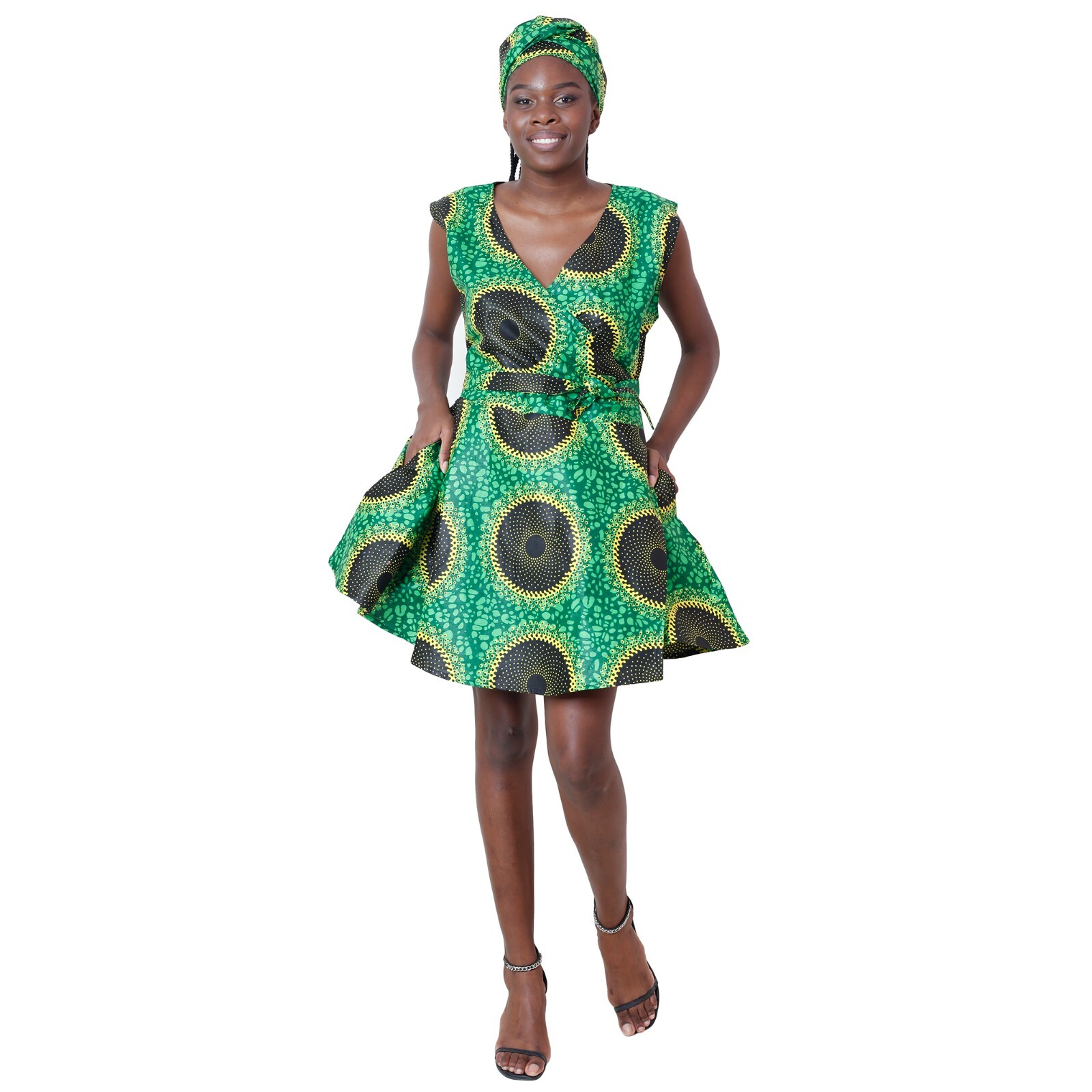 African Women's African Print Sleeveless Mini Wrap Dress -- FI-3051