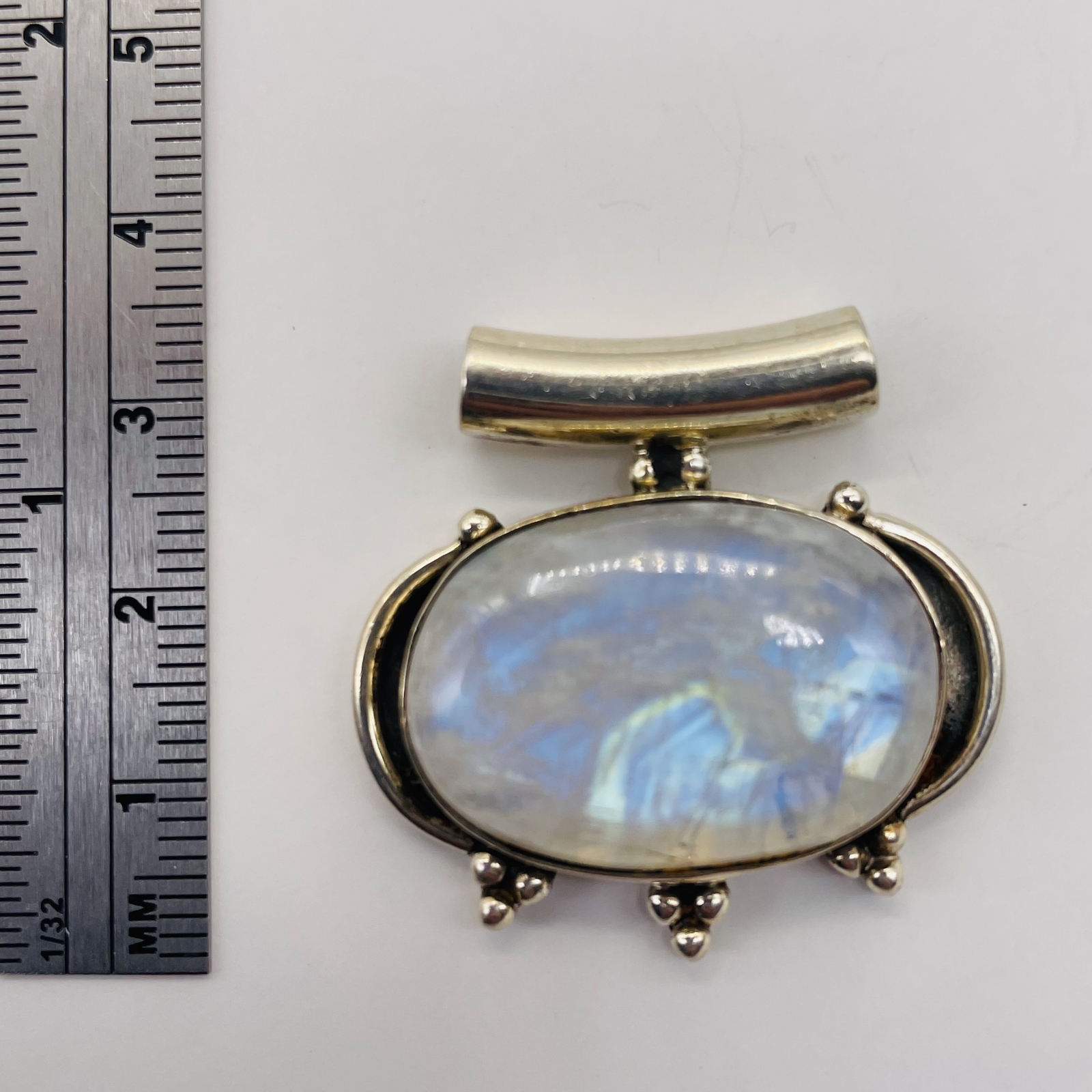 Alluring Rainbow Moonstone Sterling Silver Pendant | Blue White | 1 1/4" long |