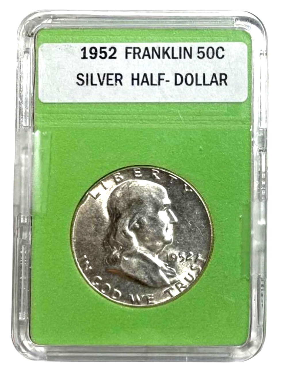 1952 Franklin Silver Half Dollar Coin W/ Lime Green Slabbed - rare (BU)