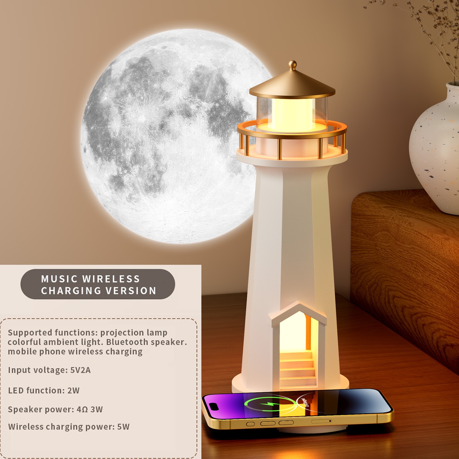 Moon Projector Atmosphere Night Light with Wireless Charger & Bluetooth Speaker