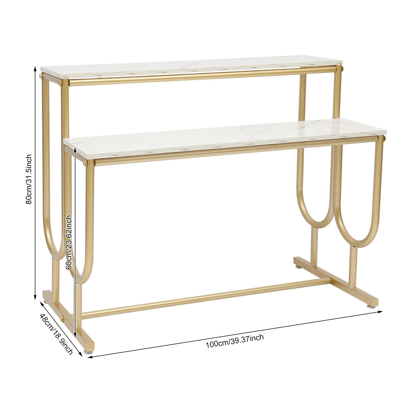 2-tier Display Stand Marble Pattern Shelf With Gold Frame For Retail/entryway