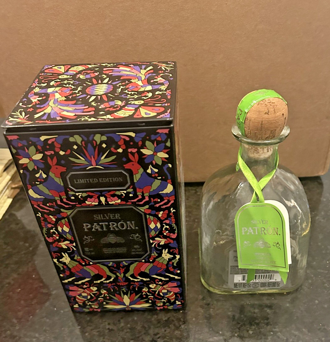Patrón Silver Tequila Bottle Empty w Box Tin Collector Display Set