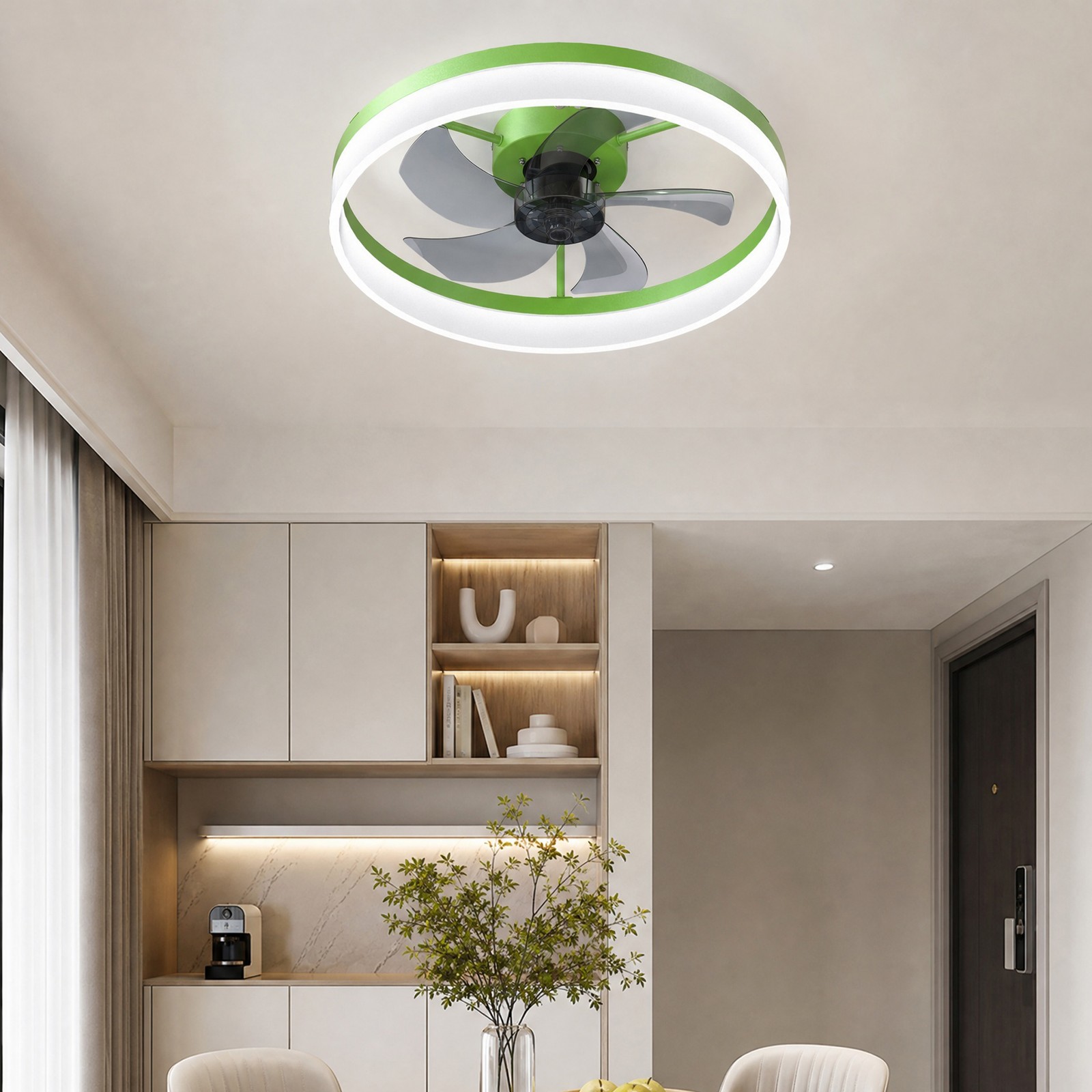 20'' Modern Green Ceiling Fan with LED Light Remote APP Control Flush Mount Kit