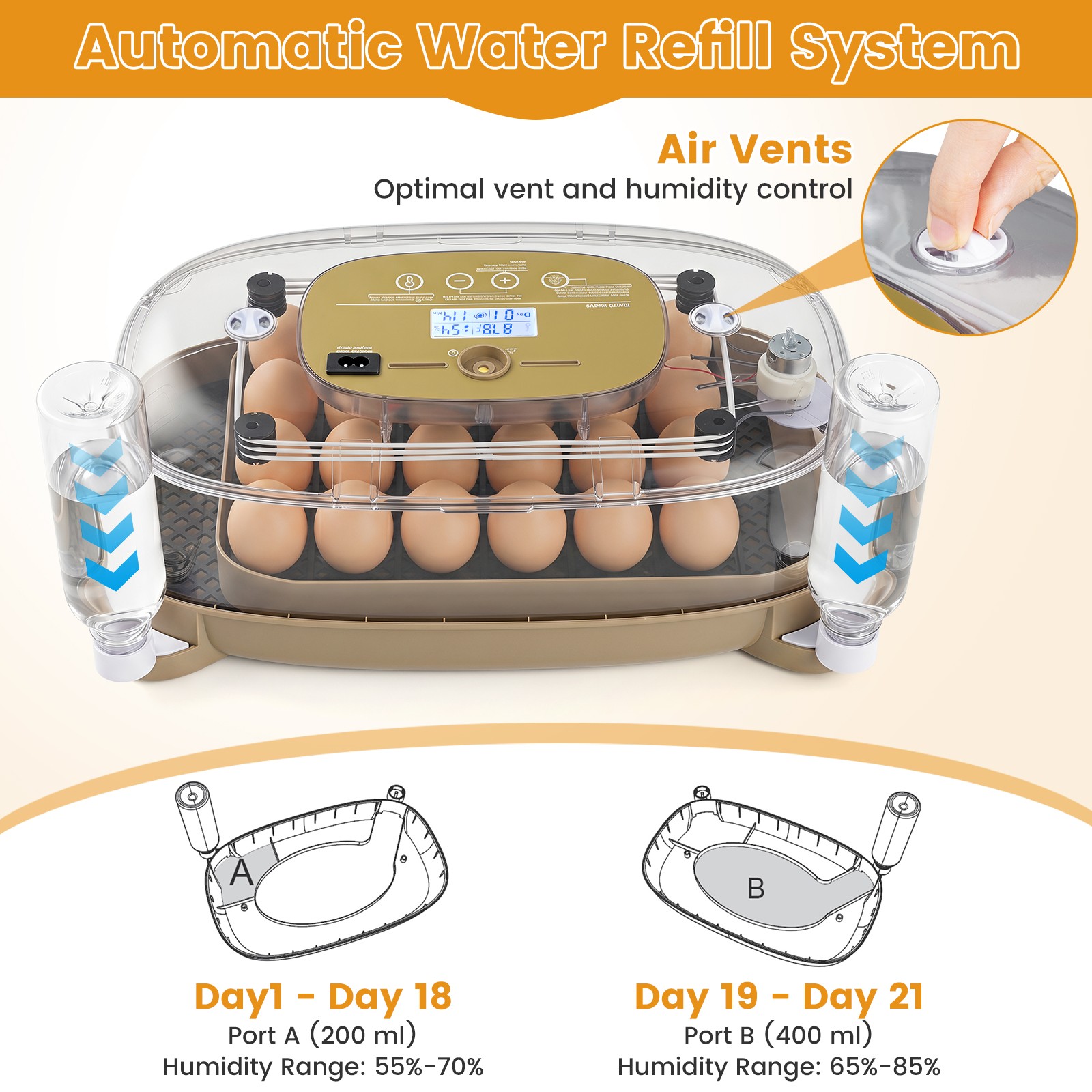 Incubator for Hatching Eggs, Automatic Egg Turner w/ Auto Water Refill, Air Vent