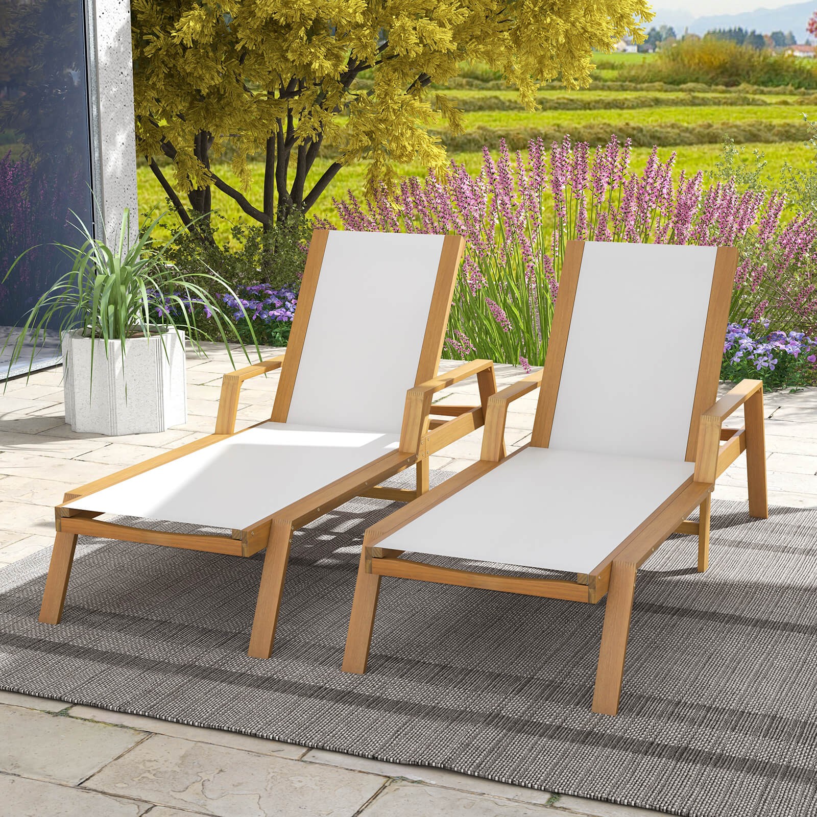 2PCS Outdoor Chaise Lounge w/ Adjustable 5-position Backrest Solid Wood Frame