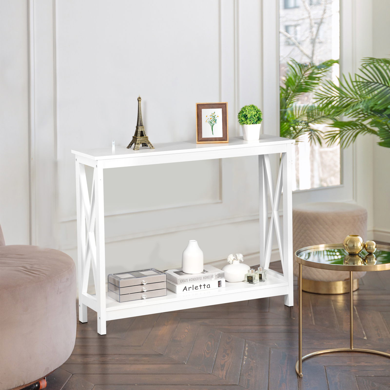 Wallmount Enhanced X Shaped Home Entryway Console Table MDF Frame, White