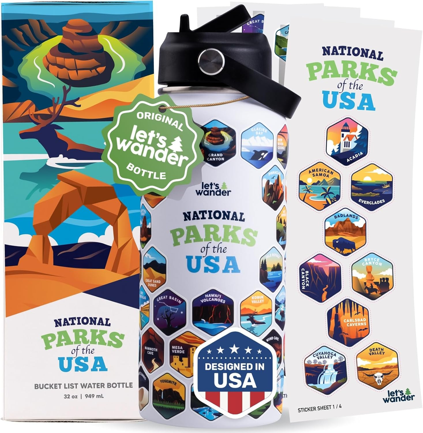Original National Parks Water Bottle with 63 Waterproof Stickers - 32Oz Leakproo